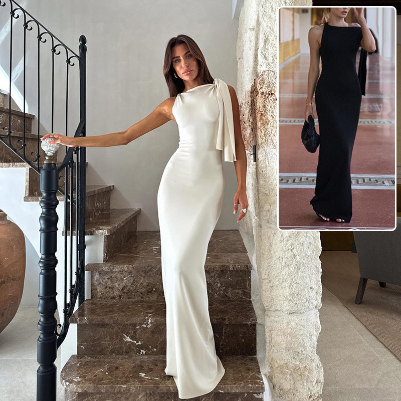 Vestido largo con cinta de un hombro en la moda Vestidos sin mangas delgados para ropa de club de fiesta nocturna Mujeres