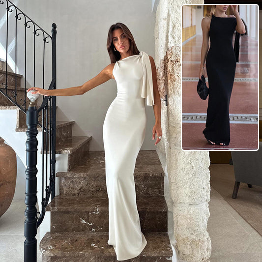 Vestido largo con cinta de un hombro en la moda Vestidos sin mangas delgados para ropa de club de fiesta nocturna Mujeres