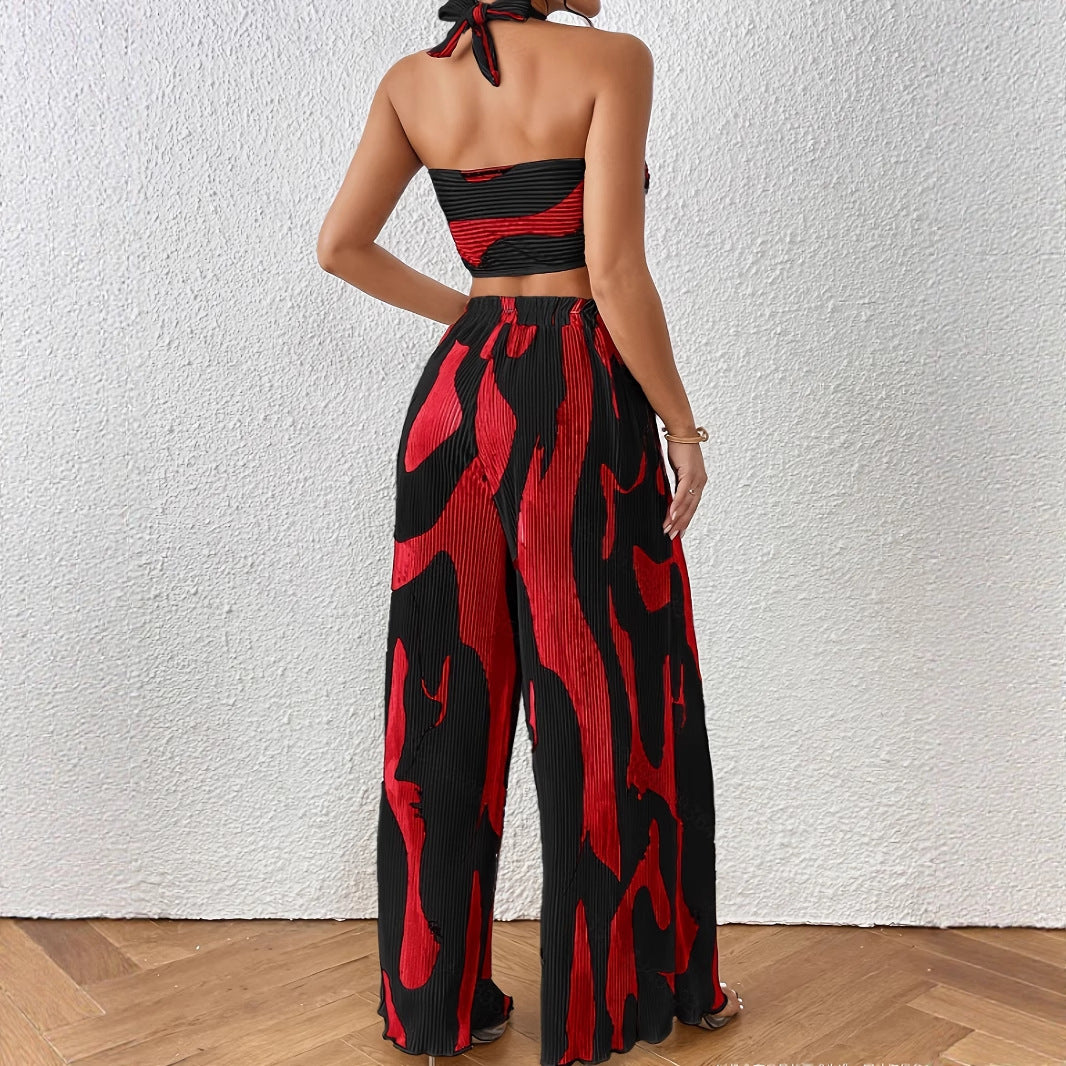 Traje de pantalón ancho con cuello halter y pantalón de llama