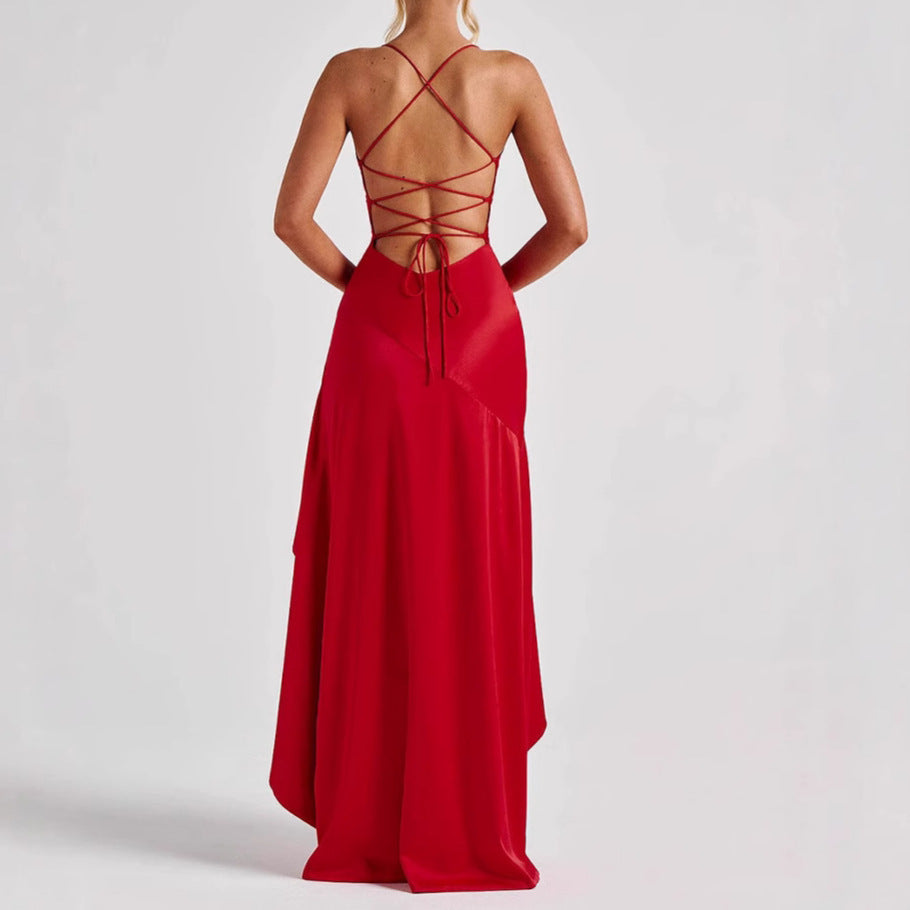 Vestido Irregular con Volantes sin Espalda para Mujer Moda de Verano Noche Fiesta Club Split Tirantes Maxi Vestidos Ropa