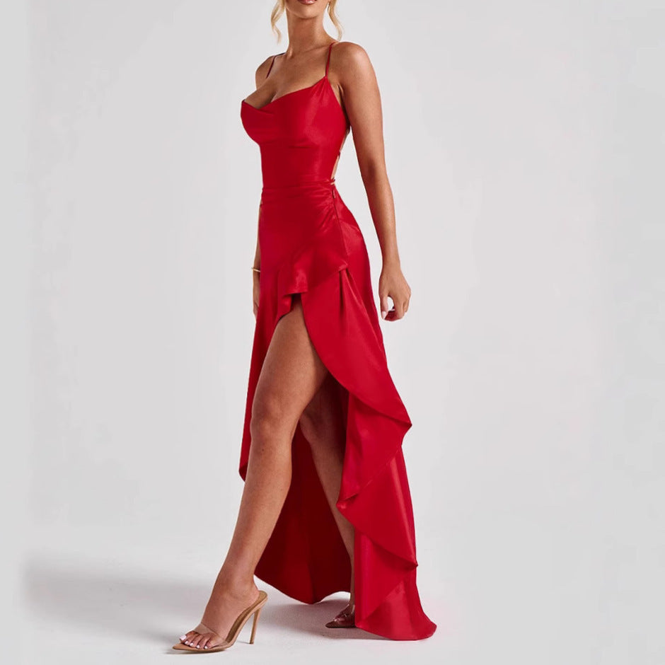 Vestido Irregular con Volantes sin Espalda para Mujer Moda de Verano Noche Fiesta Club Split Tirantes Maxi Vestidos Ropa