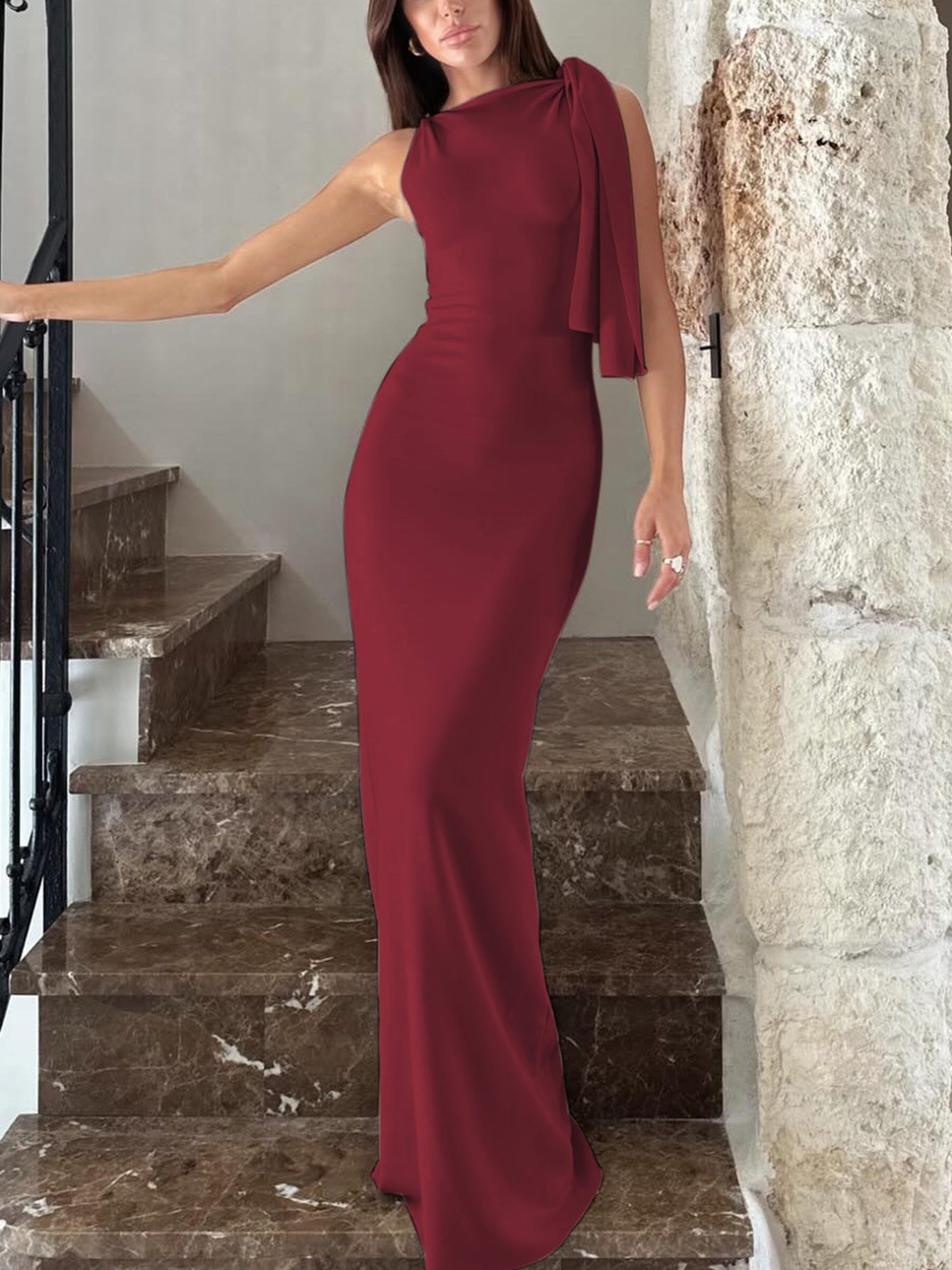 Vestido largo con cinta de un hombro en la moda Vestidos sin mangas delgados para ropa de club de fiesta nocturna Mujeres