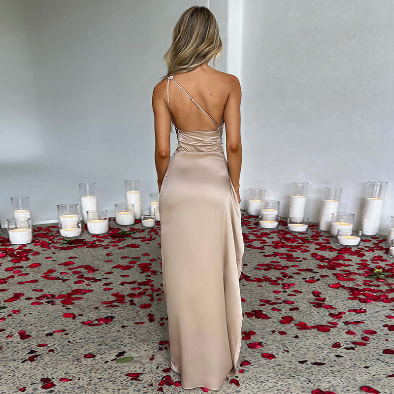 vestido de un hombro sin abertura en la espalda Vestidos de satén de color sólido elegantes de verano elegantes para mujeres