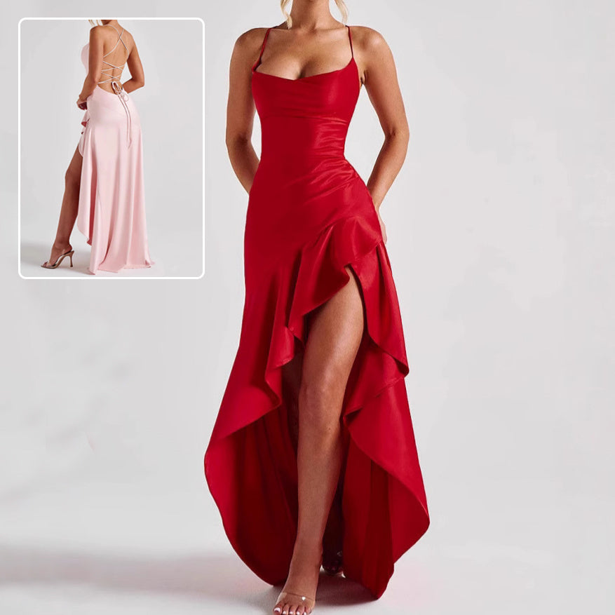 Vestido Irregular con Volantes sin Espalda para Mujer Moda de Verano Noche Fiesta Club Split Tirantes Maxi Vestidos Ropa