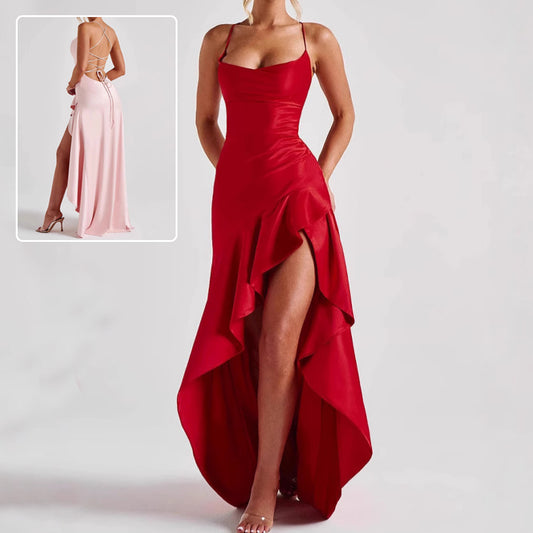 Vestido Irregular con Volantes sin Espalda para Mujer Moda de Verano Noche Fiesta Club Split Tirantes Maxi Vestidos Ropa