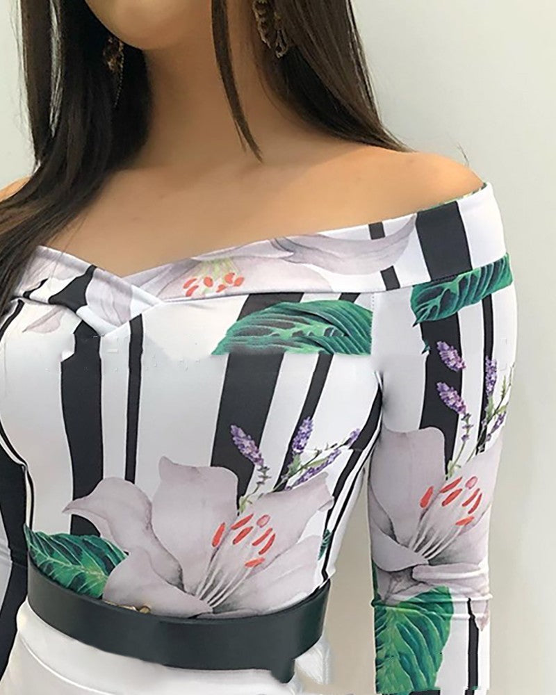 Traje de vestir corto de manga larga con hombros descubiertos 1