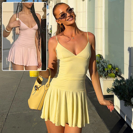 Sexy Vestido De Tirantes Con Cuello En V Moda 
Vestidos Cortos Con Volantes Para Mujeres